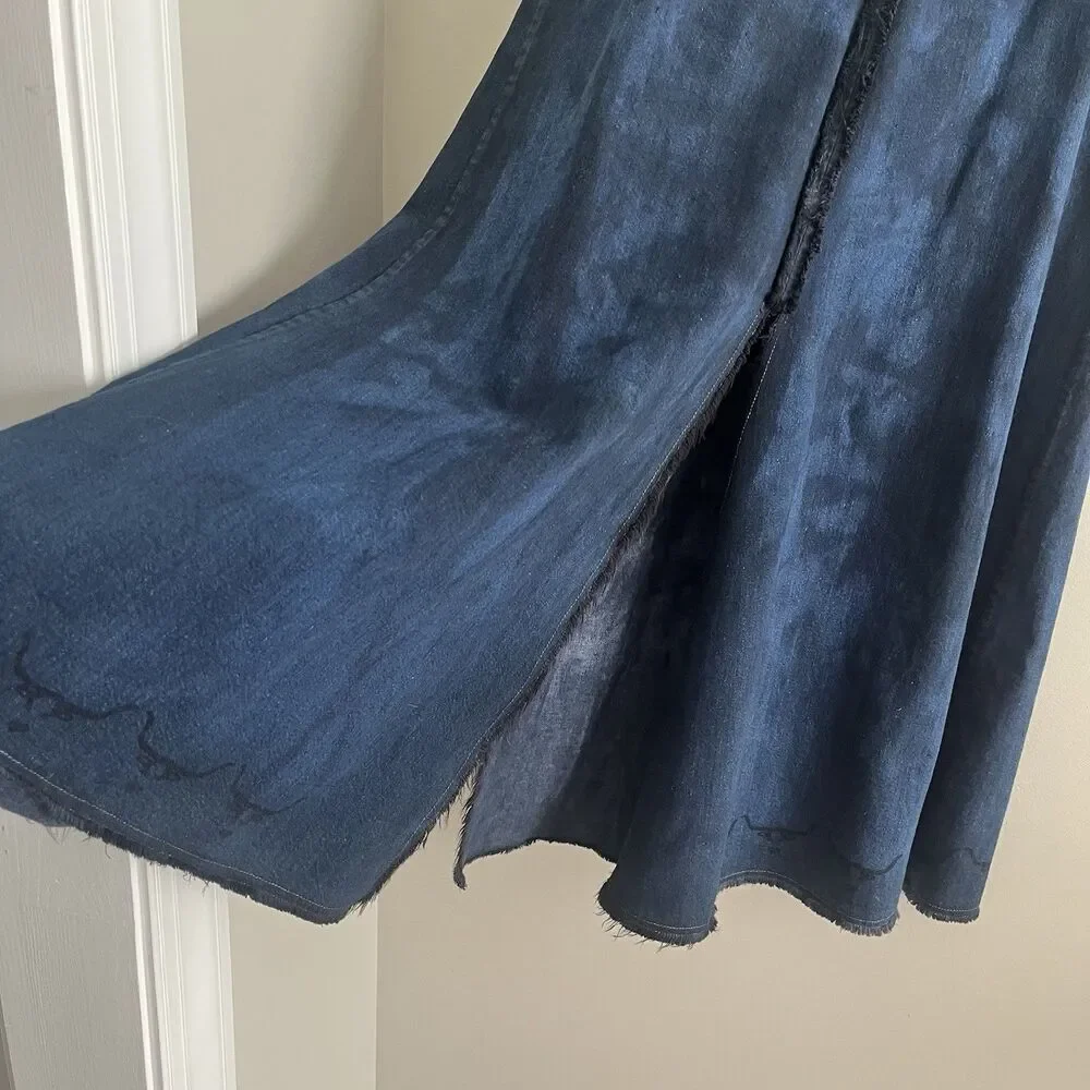 Heyne Bogut Denim Maxi Skirt 1 S Hand Printed Cow Bull Western Rodeo Festival